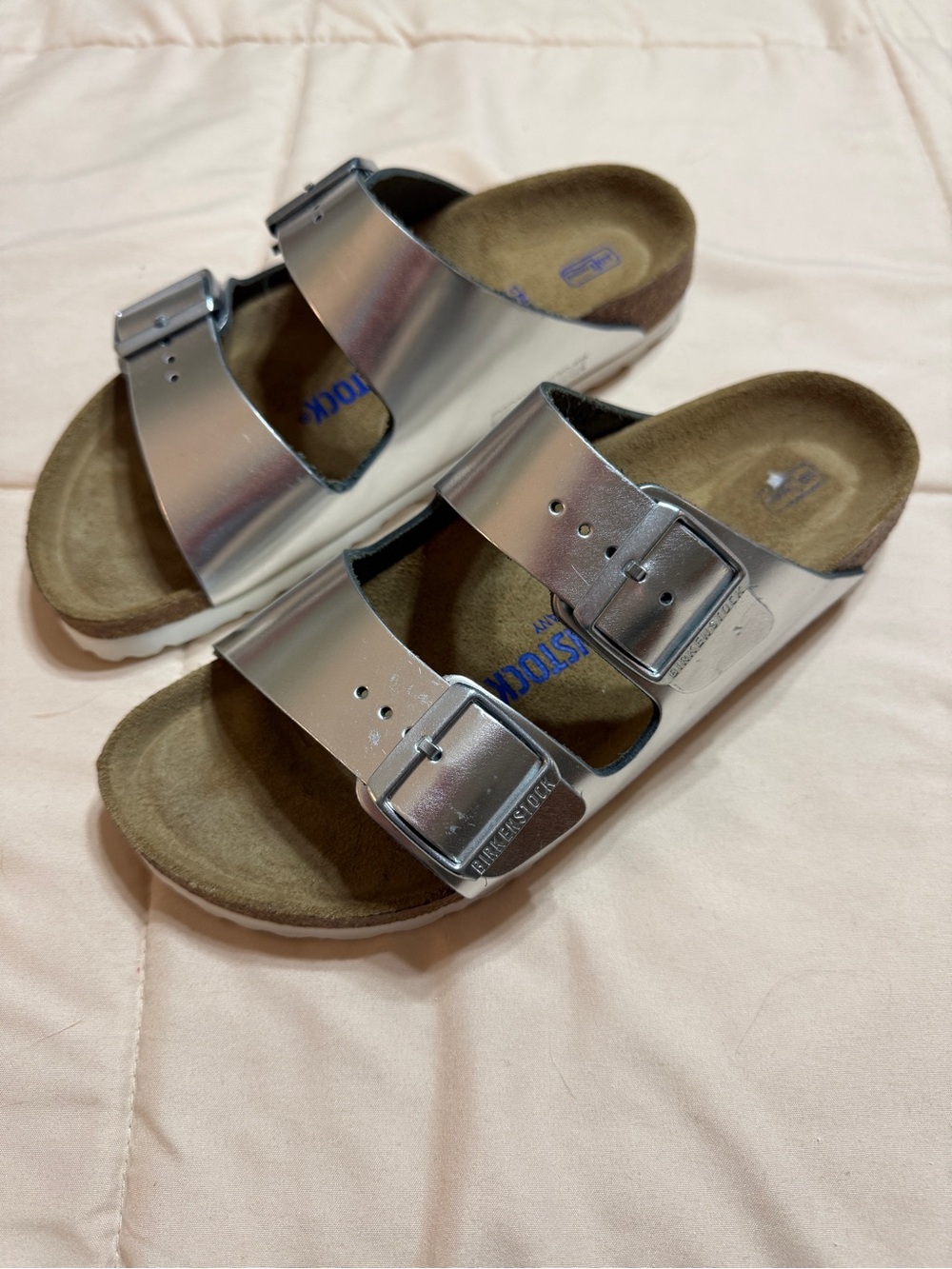 Birkenstock Women’s Softbed Two-Strap Metallic Silver Sandals